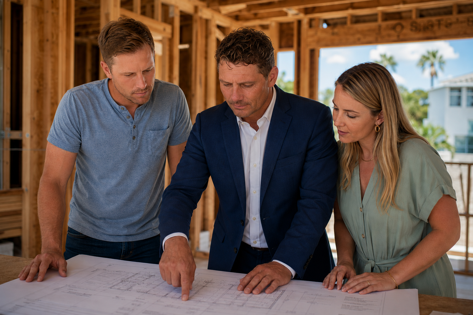 Construction consultant reviewing building plans with homeowners at a project site