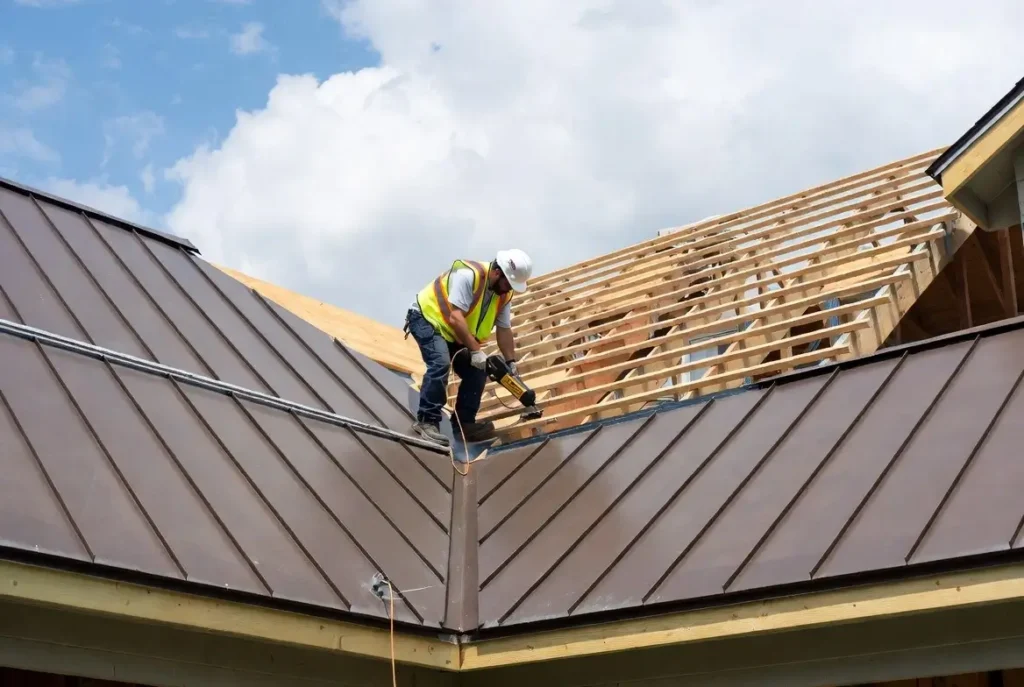 Professional repairing a standing seam metal roof on a residential property