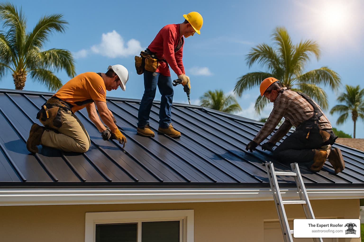 Roofing crew replacing an older roof with metal roofing panels on a Florida home