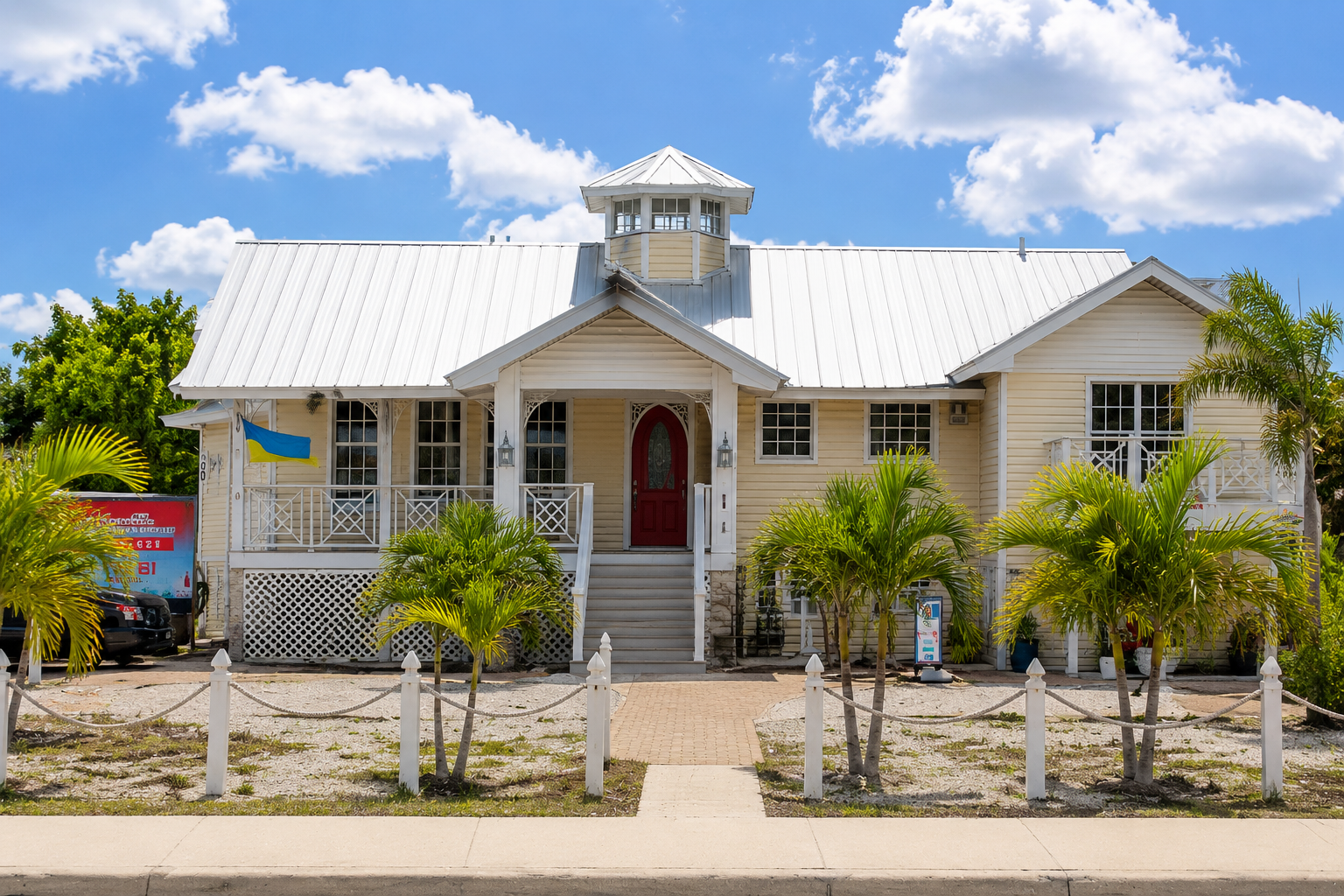 Luxury Florida home with a charcoal standing seam metal roof under a blue sky