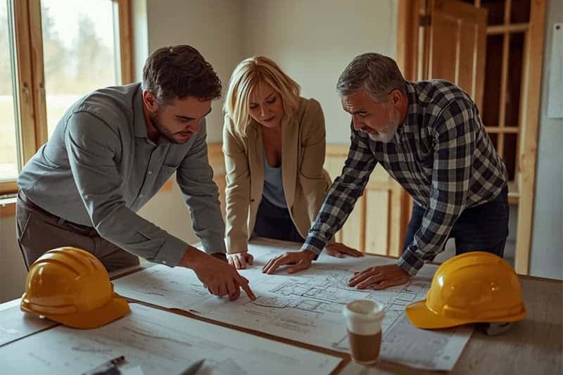 Construction consultant meeting with homeowners to review building plans