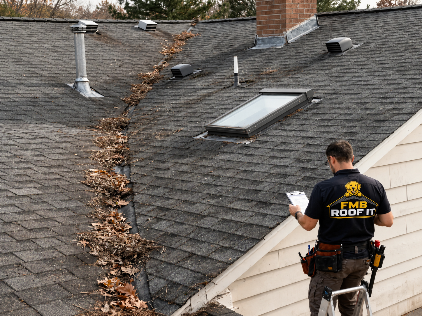 Roofing contractor performing a roof inspection before repairs