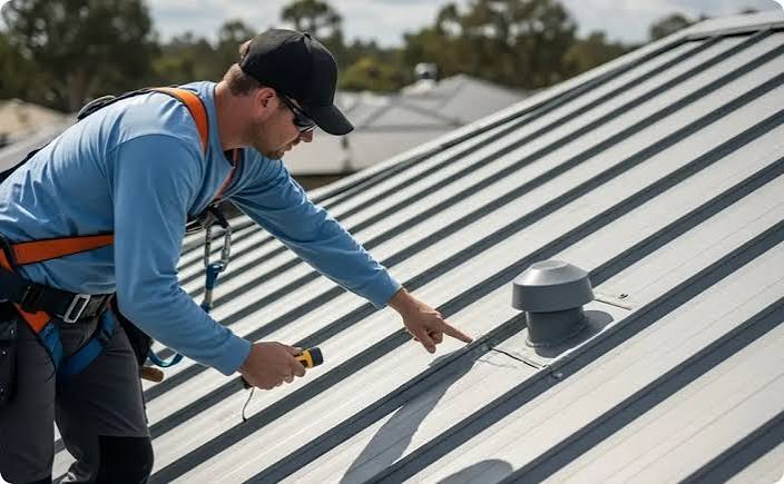 Professional roofer repairing a roof leak on a Florida home