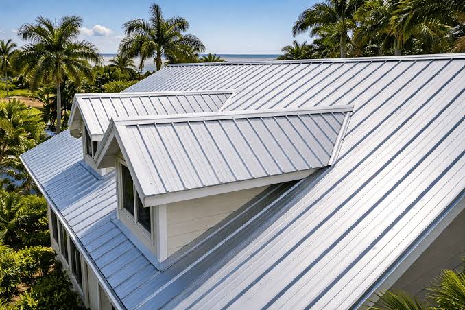 Professional roofing crew replacing a residential roof with a standing seam metal roofing system